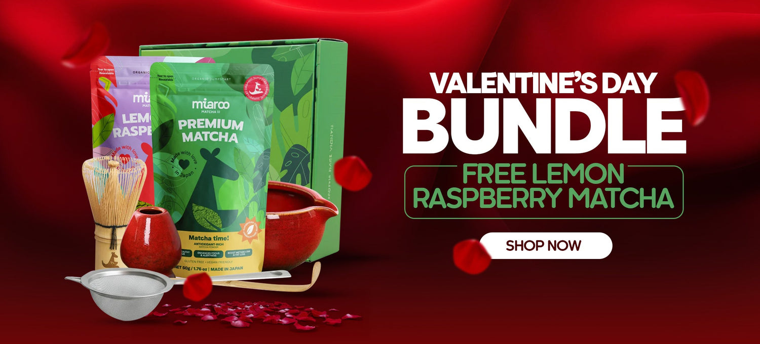 Valentine's Day bundle offer with matcha products on a red background