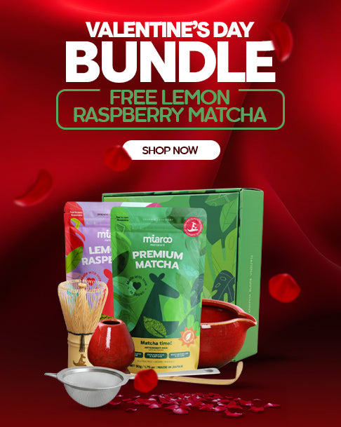 Valentine's Day Bundle with matcha packaging and red background
